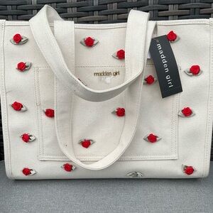 Madden Girl Cream and Red Rose Embellished Tote
